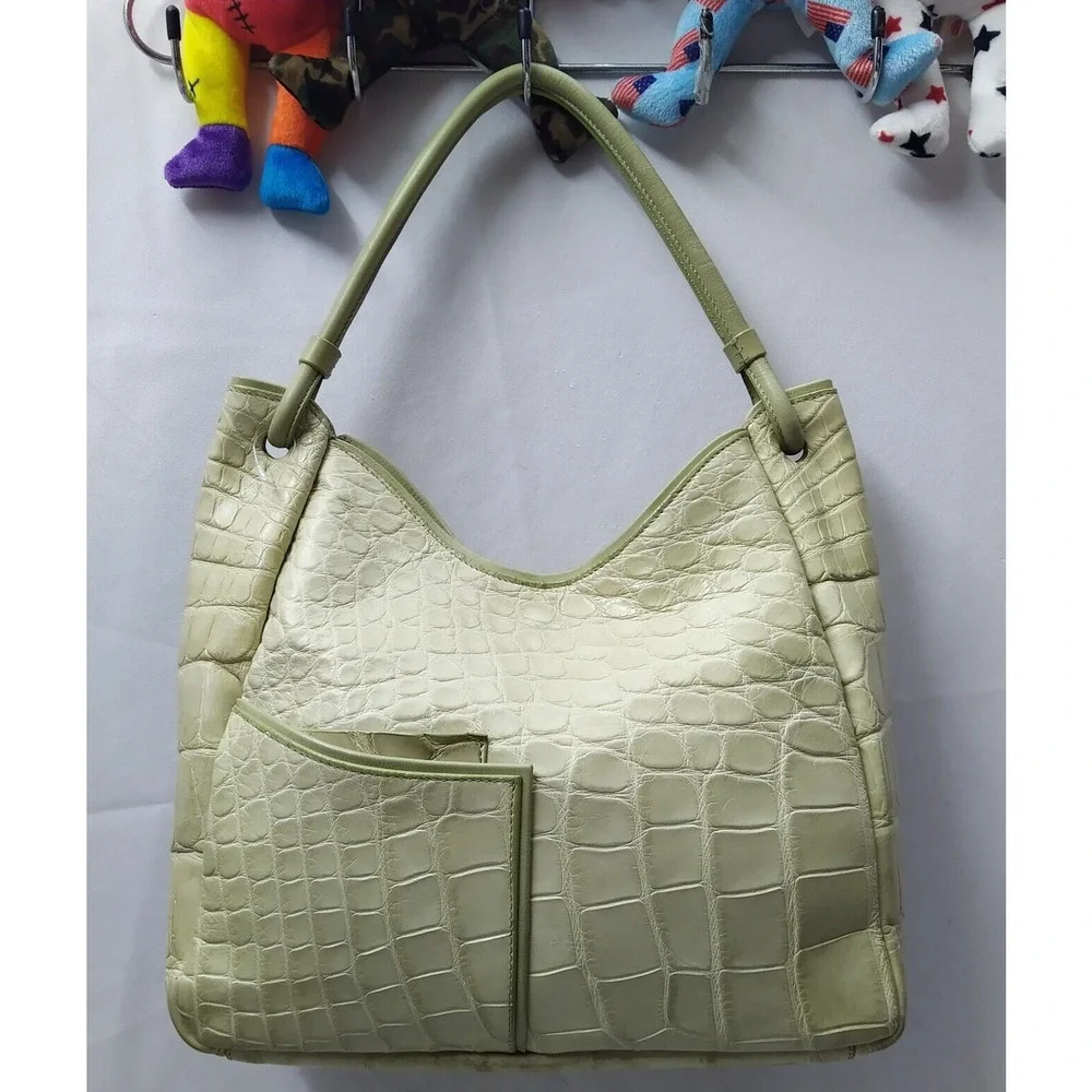 Mauro Governa Green Leather Crocodile Embossed Satchel Shoulder Bag